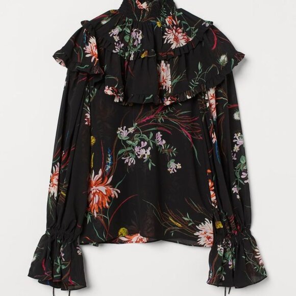 Black w/Flowers Ruffle-trimmed Chiffon Blouse H&M - Picture 1 of 3